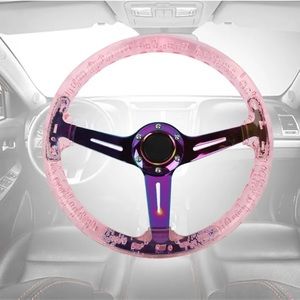 6-Holes 350mm Deep Dish VIP Pink Crystal Bubble Neo Chrome Spoke Steering Wheel